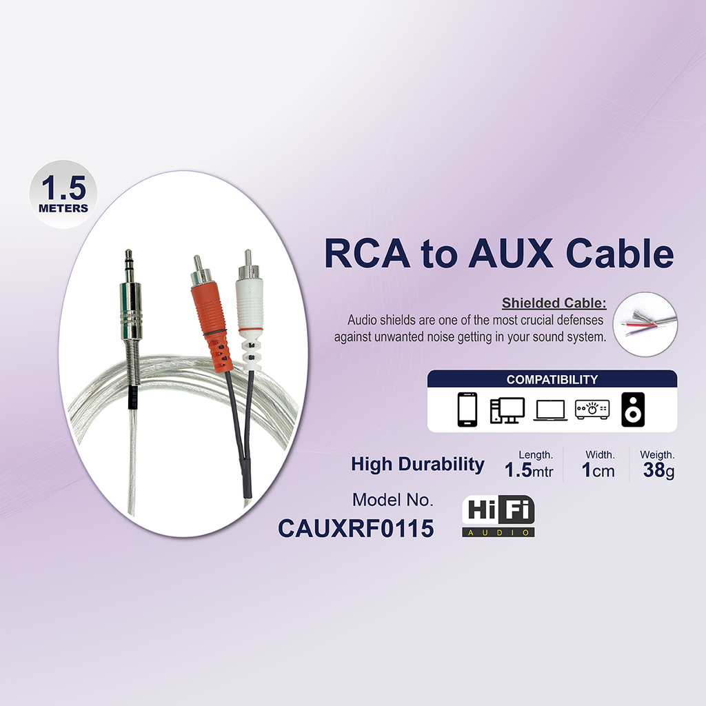 Hi - Fi Audio AUX to RCA Cable - 1.5 and 3 mtr length